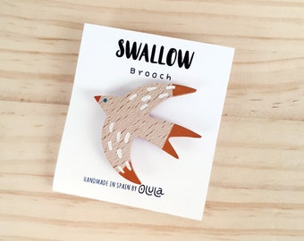 Swallow brooch made from wood with orange wings. Eco-friendly wooden jewelry for Nature lovers, this boho brooch makes a cute gift for her