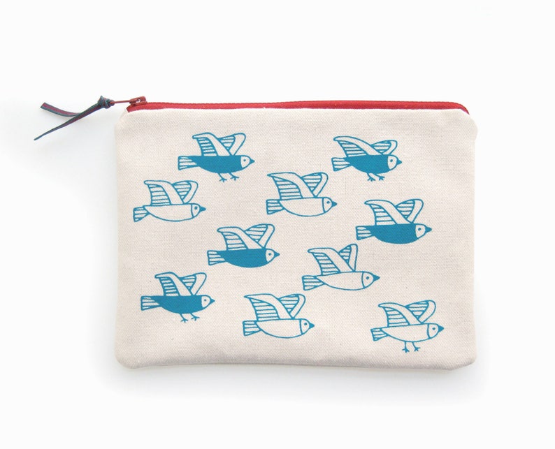 Cosmetic pouch with birds print. Useful cotton makeup bag or pencil case with zipper closure, screenprinted in blue, matching the lining. image 2