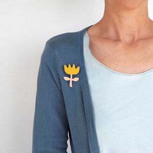Yellow flower pin. Made from beech wood, painted by hand with eco-friendly inks. Add a hint of colour to your look with a lapel brooch image 1