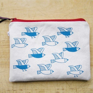 Cosmetic pouch with birds print. Useful cotton makeup bag or pencil case with zipper closure, screenprinted in blue, matching the lining. image 6