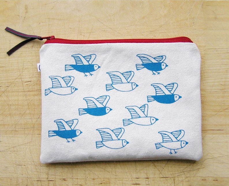 Cosmetic pouch with birds print. Useful cotton makeup bag or pencil case with zipper closure, screenprinted in blue, matching the lining. image 6