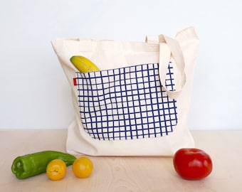 Bolsa de tela grande reutilizable, bolsa de la compra resistente, bolsa con bolsillo serigrafiado a mano, Bolsa algodón orgánico, tote bags