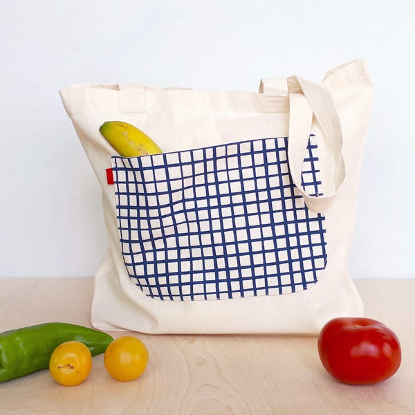 Bolsa de tela grande reutilizable, bolsa de la compra resistente, bolsa con bolsillo serigrafiado a mano, Bolsa algodón orgánico, tote bags