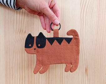 Clay Cat-Shaped Linen Coin Purse, Neko Card Holder, Mini Makeup Holder