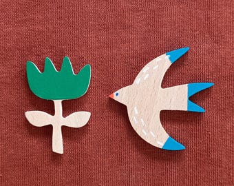 Hand-Painted Blue Swallow Brooch: Beech Wood Bird Pin