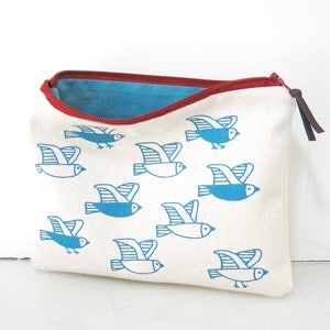 Cosmetic pouch with birds print. Useful cotton makeup bag or pencil case with zipper closure, screenprinted in blue, matching the lining. image 3