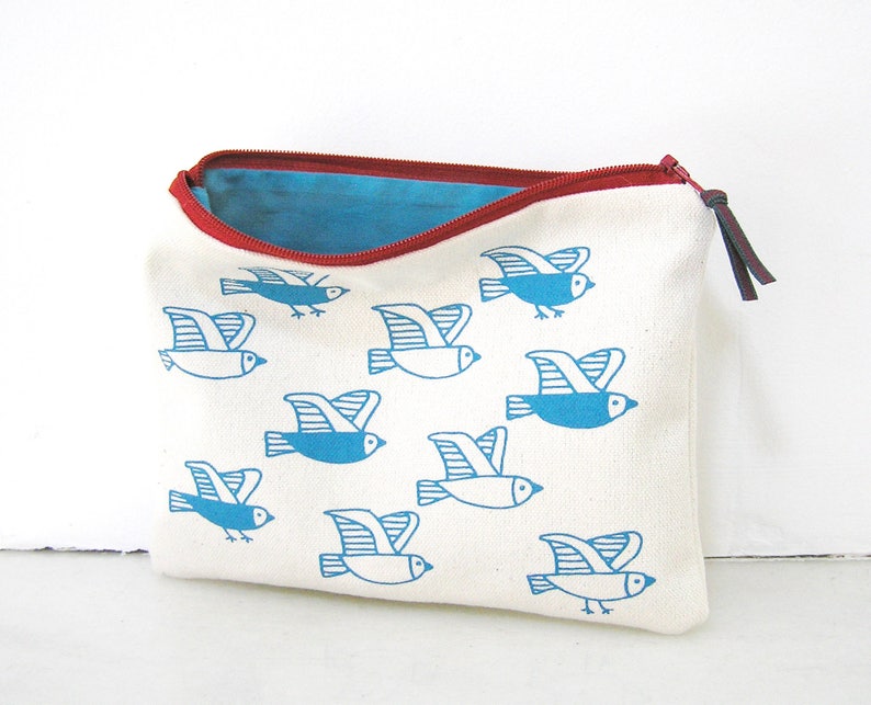 Cosmetic pouch with birds print. Useful cotton makeup bag or pencil case with zipper closure, screenprinted in blue, matching the lining. image 3