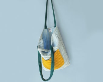 Light Blue Waffle Tote Bag With Mustard Yellow Pocket: Colorful Cotton Shopper
