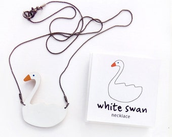 Dainty necklace of a white swan with dark chain, hand painted by Olula: unique gifts for her.Wood jewelry of sustainable forests from France