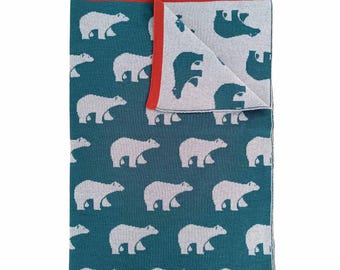 Green Merino Wool Baby Blanket with Polar Bears Pattern, Quality Knit Bassinet Bedding