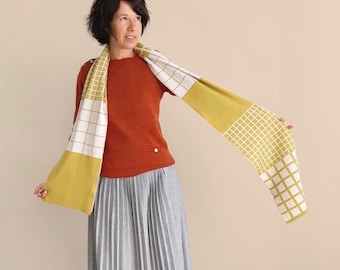 Yellow scarf for men or women with bold checked design. Bright and elegant scarf made of super soft Merino wool