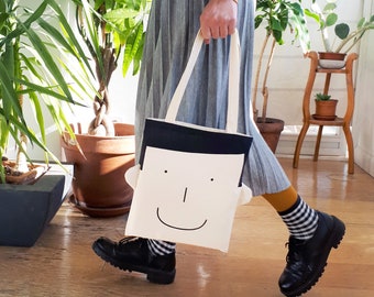 Bolsa de tela con cara sonriente. Bolsa de lona divertida, para bolsa de compra reutilizable, bolso de diario, divertida bolsa para niños