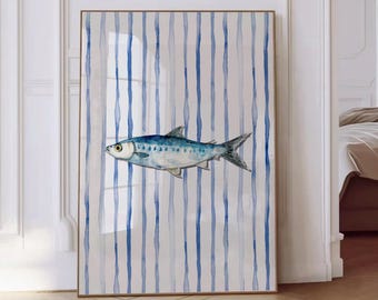 Blue Sardine Print, Retro Kitchen Wall Art (Digital Download)