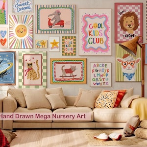 May include: A collection of colorful nursery art prints featuring whimsical animal illustrations, including a lion, elephant, and cat. The prints are framed and displayed above a beige sofa. The text "Cool Kids Club" and "Hand Drawn Mega Nursery Art" are visible.