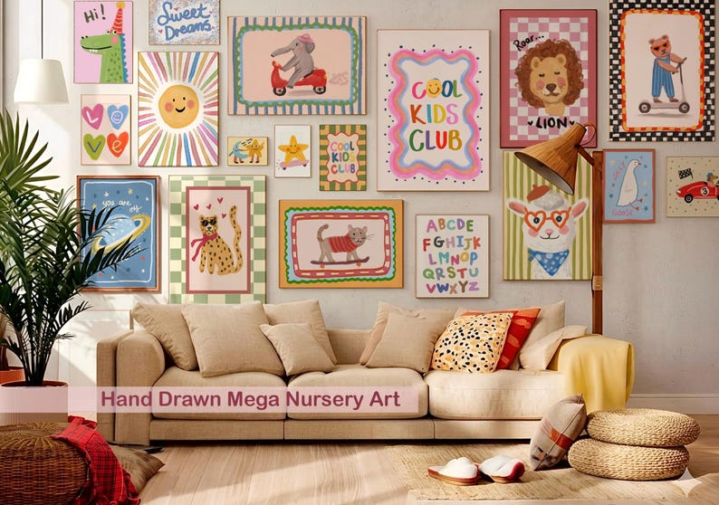 May include: A collection of colorful nursery art prints featuring whimsical animal illustrations, including a lion, elephant, and cat. The prints are framed and displayed above a beige sofa. The text "Cool Kids Club" and "Hand Drawn Mega Nursery Art" are visible.