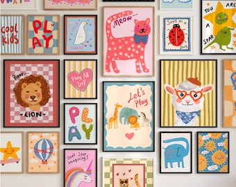 Kid's Room Gallery Wall Set of 70 Prints, Nursery Whimsical Playroom Decor, Colorful Fun Eclectic Baby Room Wall Art (Digital Download)