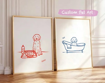 Niestandardowy portret zwierzaka, ilustracja przedstawiająca psa w akcji, źle narysowany kot, minimalistyczny rysunek zwierzaka ręcznie rysowany do pobrania w wersji cyfrowej