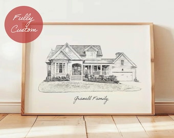 Portret domu na zamówienie, szkic czarno-białego domu ze zdjęcia, prezent na pierwszy dom, spersonalizowany rysunek domu, prezenty na parapetówkę, rysunek ołówkiem i tuszem