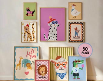 Modern Fun Nursery Gallery Wall Art, Kid's Room Colorful Animal Set of 80 Prints, Whimsical Playroom Decor Retro Hand Drawn Bundle