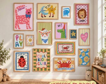 Hand Drawn Colorful Nursery Art Bundle 70, Whimsical Kids Gallery Wall Prints, Playful Animal Illustration (Digital Download)