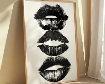 Kiss Lips Art Print, Trendy Dorm Bedroom Decor, Aesthetic Retro Wall Art, Black Kisses Y2K Decor, Black and White Preppy Digital Poster