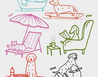 Custom Badly Drawn Pet Portrait, Dog Doing Any Activity Your Choice, Funny Cat Sketch, Minimalistic Pet Illustration