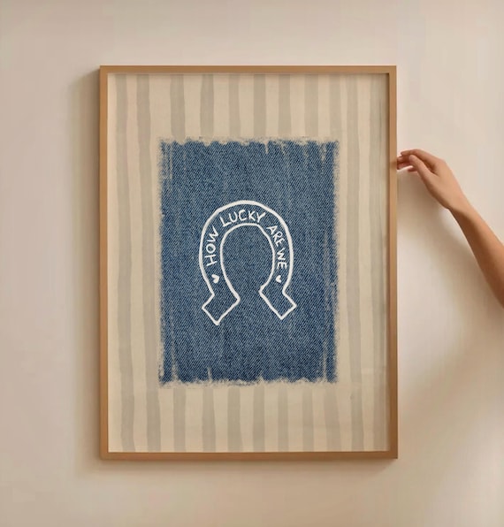 Horseshoe Lucky Print, Rustic Western Wall Art, Denim Patch Striped Line Poster, Retro Horse Shoe How Lucky Are We Digital Download