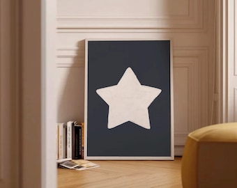 Retro Star Hand Drawn Print, Navy Blue Trendy Star Poster, Aesthetic Apartment Decor, Maximalist Wall Art, Modern Geometric Printable Art