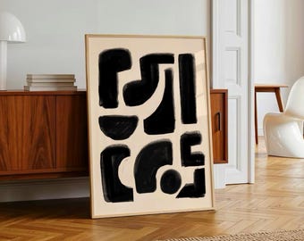 Abstract Geometric Wall Art, Black Beige Modern Shapes Print, Organic Minimalist Poster, Mid Century Black Digital Art, Contemporary Print