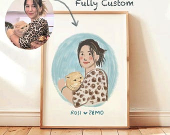 Custom Hand Drawn Portrait, Personalized Sketch Illustration, Cartoon Minimalist Pet Family Drawing, Colorful Couple Cute Printable Poster