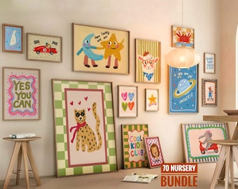 Eclectic Nursery Wall Art Set of 70, Maximalist Kid's Gallery Bundle Prints, Playful Toddler Playroom Poster