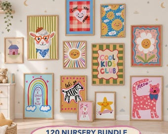 Colorful Nursery Wall Art Prints, Whimsical Kids Room Bundle, Animals Gallery Toddler Set 120 Posters (Digital Download)