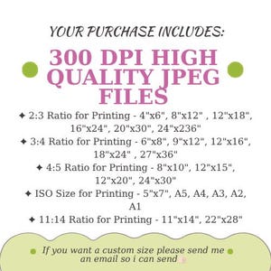 May include: A graphic with text that reads "YOUR PURCHASE INCLUDES: 300 DPI HIGH QUALITY JPEG FILES." It lists various print ratios and sizes, including 4"x6", 8"x12", and 12"x18" for 2:3 ratio, and 6"x8", 9"x12", and 12"x16" for 3:4 ratio.