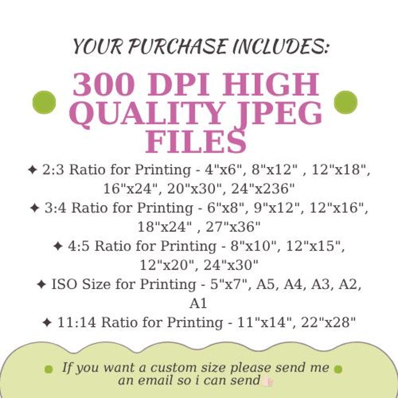 May include: A graphic with text that reads "YOUR PURCHASE INCLUDES: 300 DPI HIGH QUALITY JPEG FILES." It lists various print ratios and sizes, including 4"x6", 8"x12", and 12"x18" for 2:3 ratio, and 6"x8", 9"x12", and 12"x16" for 3:4 ratio.