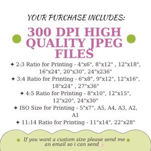 May include: A graphic with text stating "YOUR PURCHASE INCLUDES: 300 DPI HIGH QUALITY JPEG FILES." It details print ratios and sizes, such as 10x15cm, 20x30cm, and 30x45cm for 2:3 ratio, and 15x20cm, 22x30cm, and 30x40cm for 3:4 ratio.