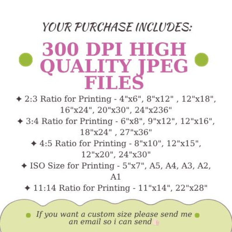 May include: A graphic with text stating "YOUR PURCHASE INCLUDES: 300 DPI HIGH QUALITY JPEG FILES." It details print ratios and sizes, such as 10x15cm, 20x30cm, and 30x45cm for 2:3 ratio, and 15x20cm, 22x30cm, and 30x40cm for 3:4 ratio.