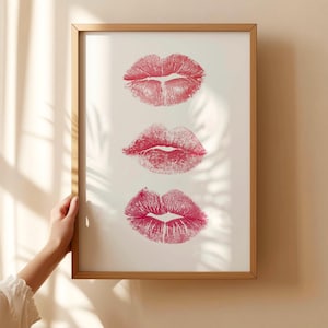 Kiss Lips Art Print, Preppy Pink Wall Art, Retro Lips Poster, Aesthetic Trendy Print, Coquette Printable Decor, Girly Apartment Dorm Prints