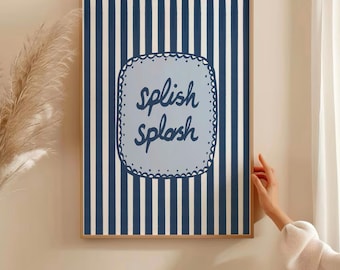 Splish Splash Print, Blue Striped Bathroom Poster, Retro Funky Typography, Modern Toilet Wall Art (Digital Download)