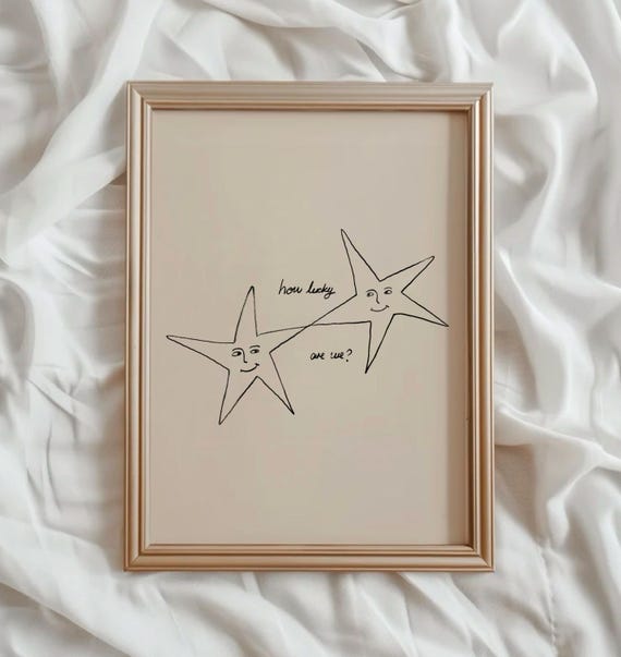 Stars Digital Art Print, How Lucky Are We Minimalist Wall Art, Neutral Retro Star Illustration Hand Drawn Poster, Uplifting Quote Art