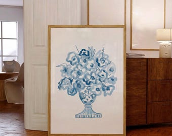 Blue Still Life Floral Print, Flower in Vase Minimalist Wall Art, Boho Modern Flower Drawing, Mid Century Botanical Digital Poster