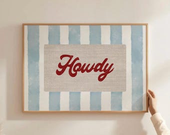 Retro Howdy Print, Blue Striped Line Poster, Vintage Red Western Quote Art, Rustic Howdy Cowboy Decor, Modern Ranch House Decor