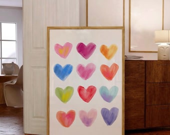 Abstract Colorful Hearts Print, Preppy Heart Wall Art, Watercolor Eclectic Heart Love Poster, Maximalist Poster, Cute Bedroom Dorm Decor