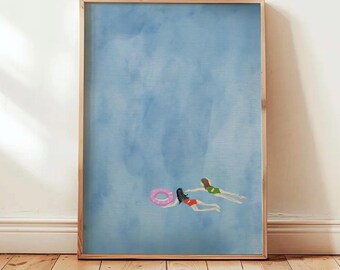 Abstract Swimming Print, Surreal Tiny People Swimmers Wall Art, Blue Pool Wall Decor, Summer Contemporary Hand Drawn Print