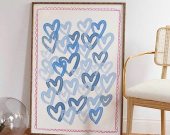Impresión de corazones abstractos azules, arte de pared de corazones preppy, decoración de dormitorio con estética moderna, póster de amor ecléctico, impresión de corazones en acuarela
