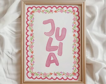 Custom Name Print, Personalized Nursery Decor, Custom Letter Boho Floral Art, Kids Room Wall Art, Customized Name Preppy Digital Download
