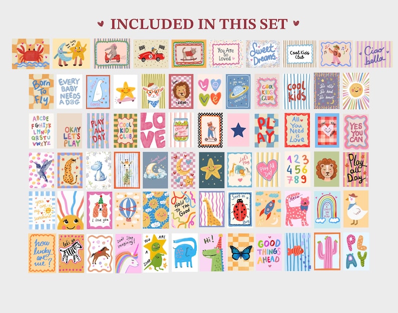 May include: A collection of colorful illustrated cards featuring various animals, objects, and phrases. The cards include images of a crab, a zebra, a unicorn, and a butterfly. Text on the cards includes "Sweet Dreams", "Cool Kids Club", and "Good Things Ahead".