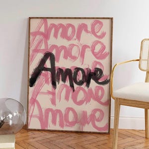 Pink Amore Typography Print, Preppy Amore Wall Art, Girly Dorm Apartment Decor, French Quote Poster, Aesthetic Abstract Maximalist Print