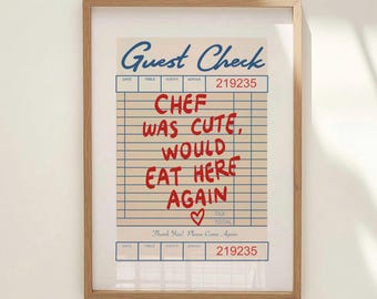 Chef Was Cute Trendy Art Print, Retro Guest Check Red Kitchen Decor, Vintage Receipt Fun Dining Room Poster