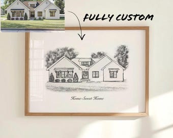 Custom House Sketch, Personalized Home Portrait, Black White Hand Drawn Illustration, Moving Anniversary Gift : Digital Download