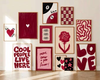 Trendy Gallery Wall Art Set of 12 Prints, Burgundy Retro Bedroom Posters, Maroon Red Abstract Modern Bundle (Digital Download)